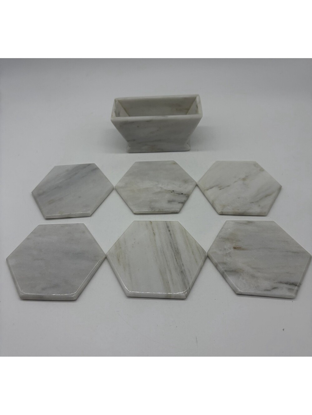 Hand Cut White Marble Hexagon Coaster Set Of 6 With Holder Boho Decor Natural